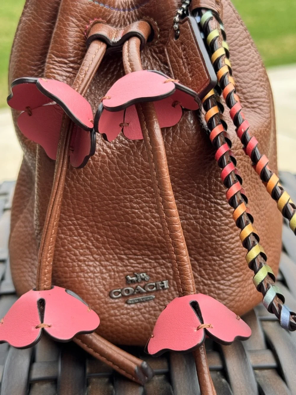 Coach Pebbled Leather Drawstring Bucket Bag Tea Rose petal wristlet pouch bag - Picture 6 of 10